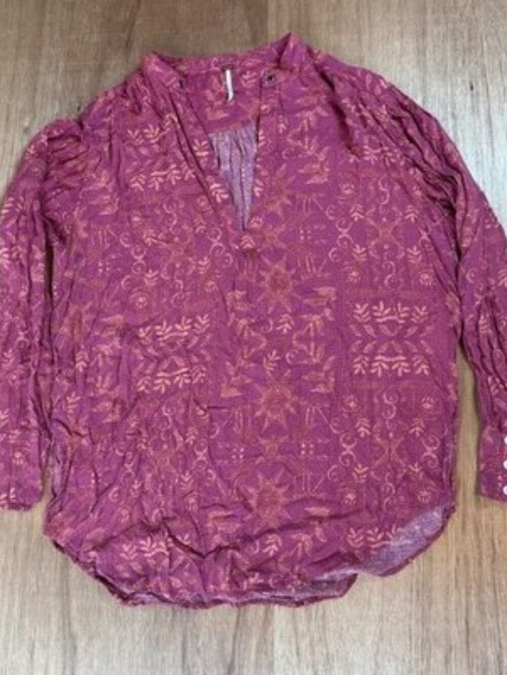 Free People Mia Tunic Top Pink Printed Boho V-Neck Oversized Size M